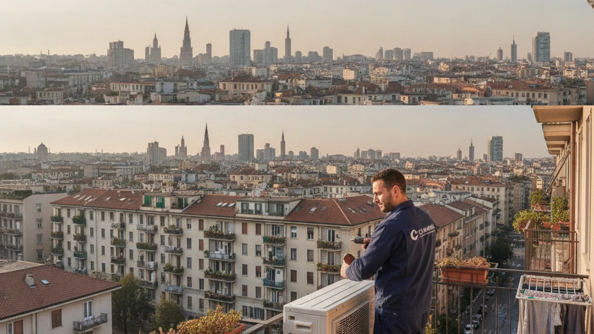 Tecnico installa un climatizzatore a Milano